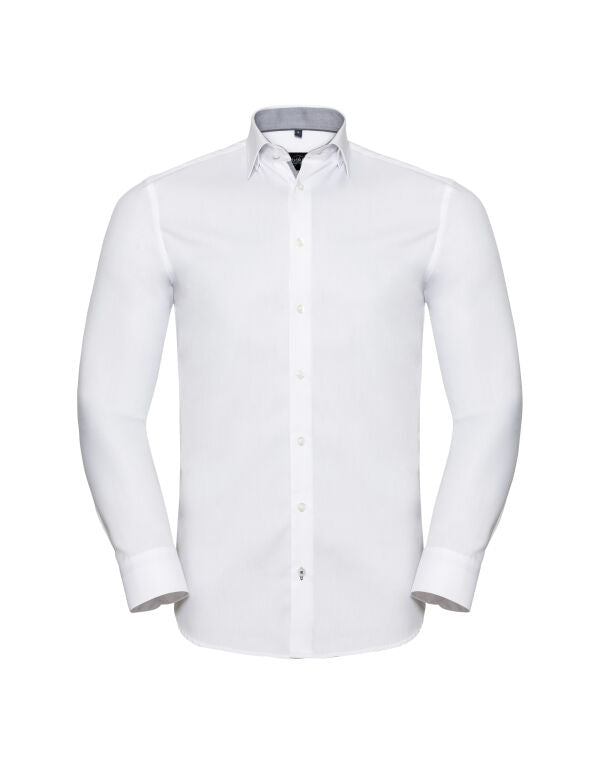 Russell Collection R964MC Men's Long Sleeve Tailored Contrast Herringbone Shirt - COOZO