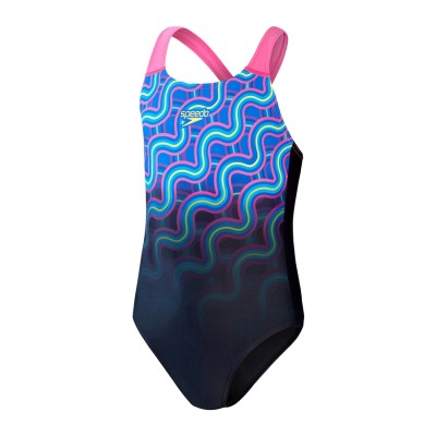Speedo SSPCGDS Girls Training Boom Logo Medalist Swim Digital Splashback Costume Navy - COOZO