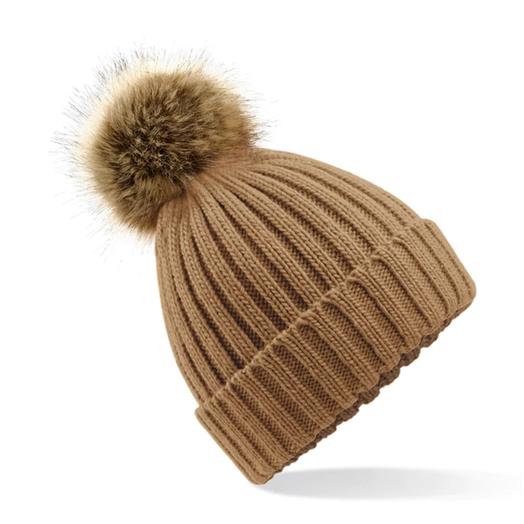 Beechfield B412 Faux Fur Pom Pom Chunky Beanie - COOZO