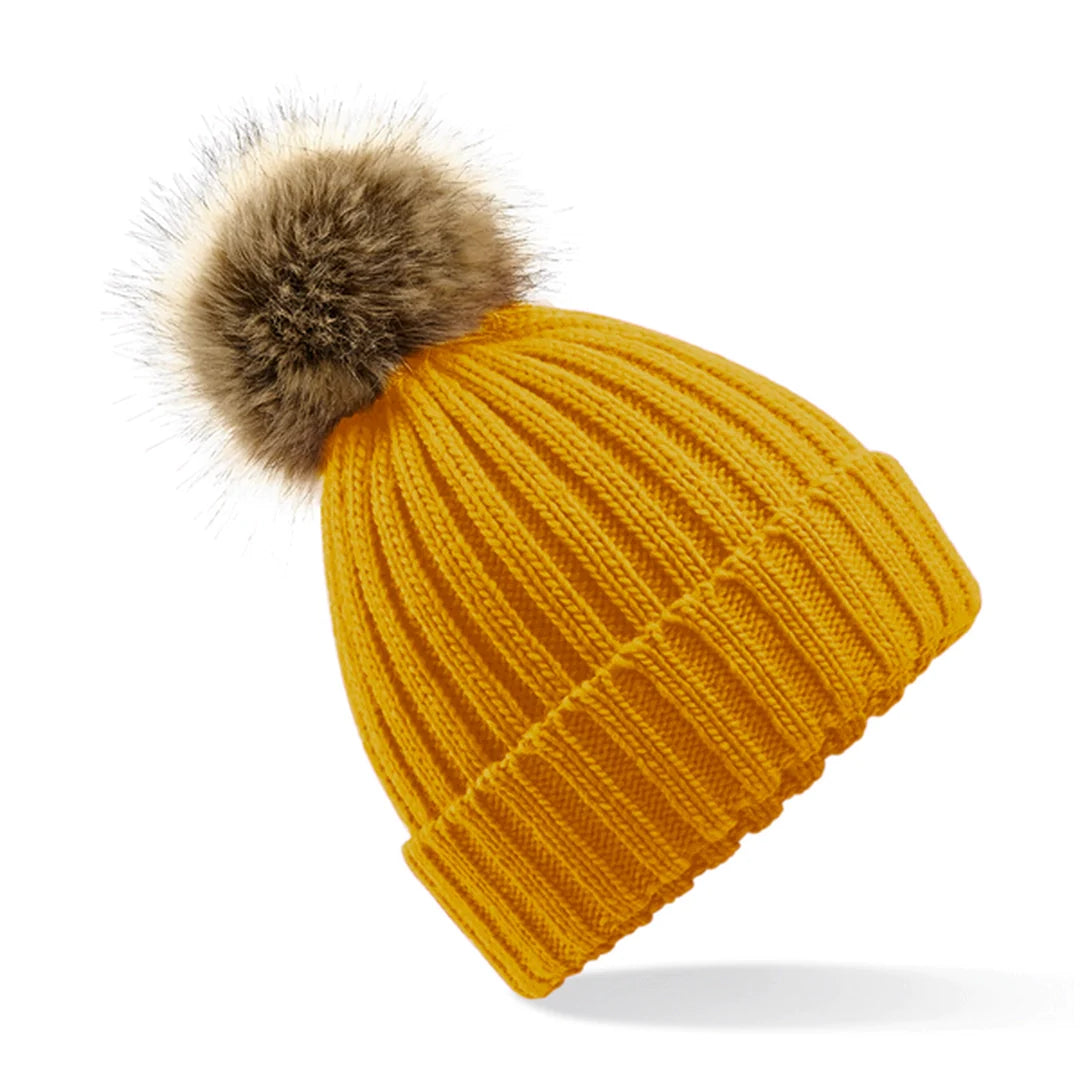 Beechfield B412 Faux Fur Pom Pom Chunky Beanie - COOZO