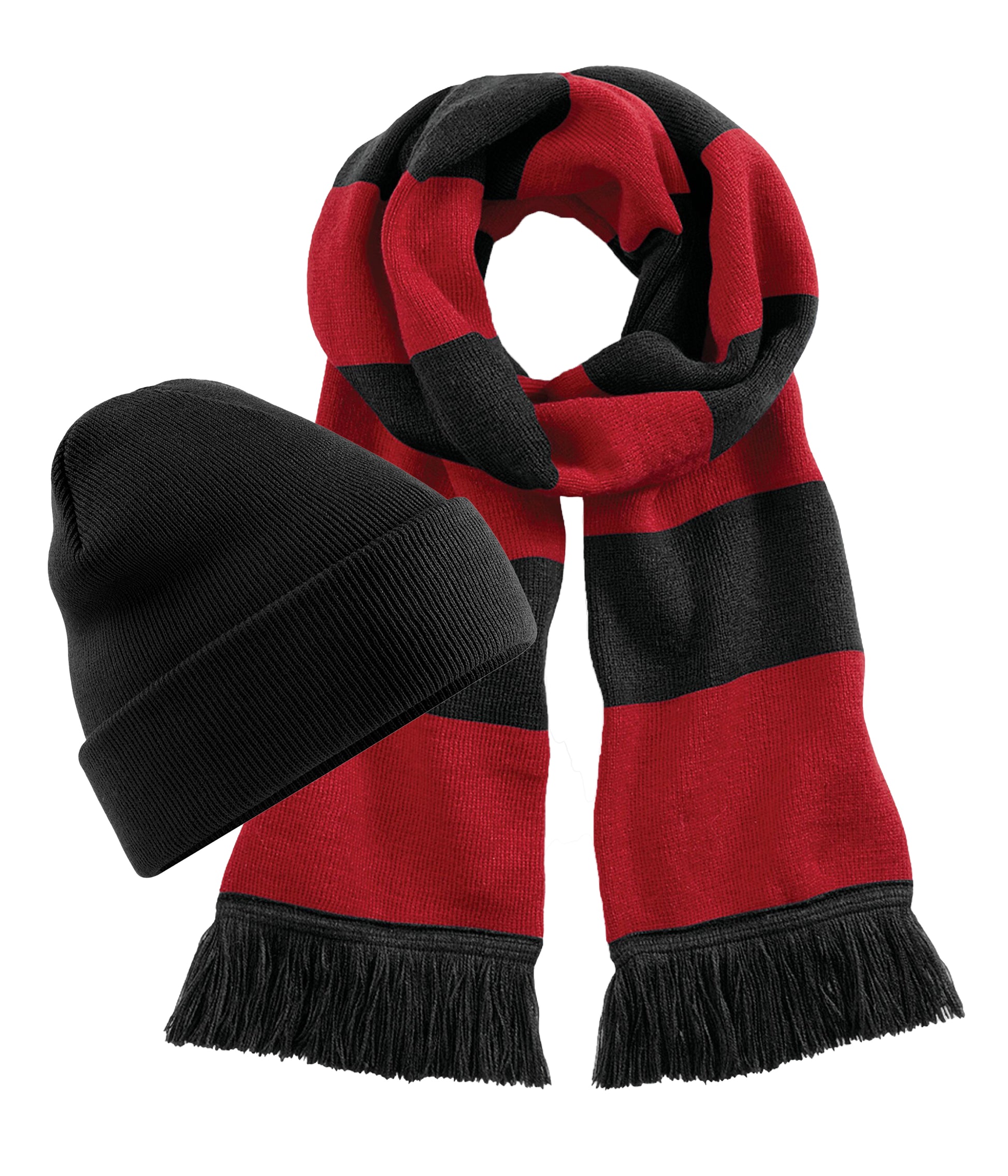 Beechfield B45 Original Cuffed Double-layer knit Beanie+B479 Stadium Tassel trim scarf 100% Soft-touch acrylic (Pack of 2) - COOZO