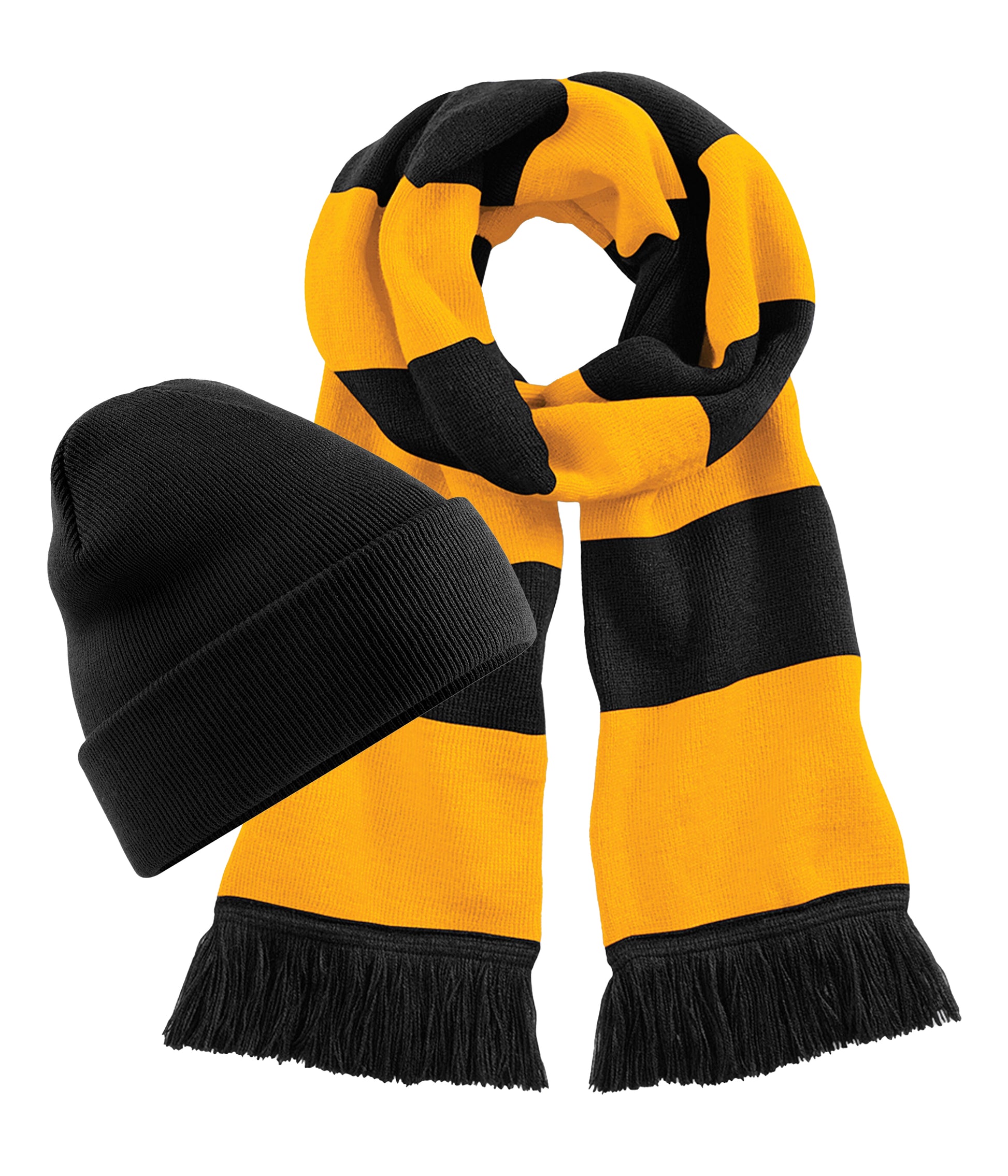 Beechfield B45 Original Cuffed Double-layer knit Beanie+B479 Stadium Tassel trim scarf 100% Soft-touch acrylic (Pack of 2) - COOZO