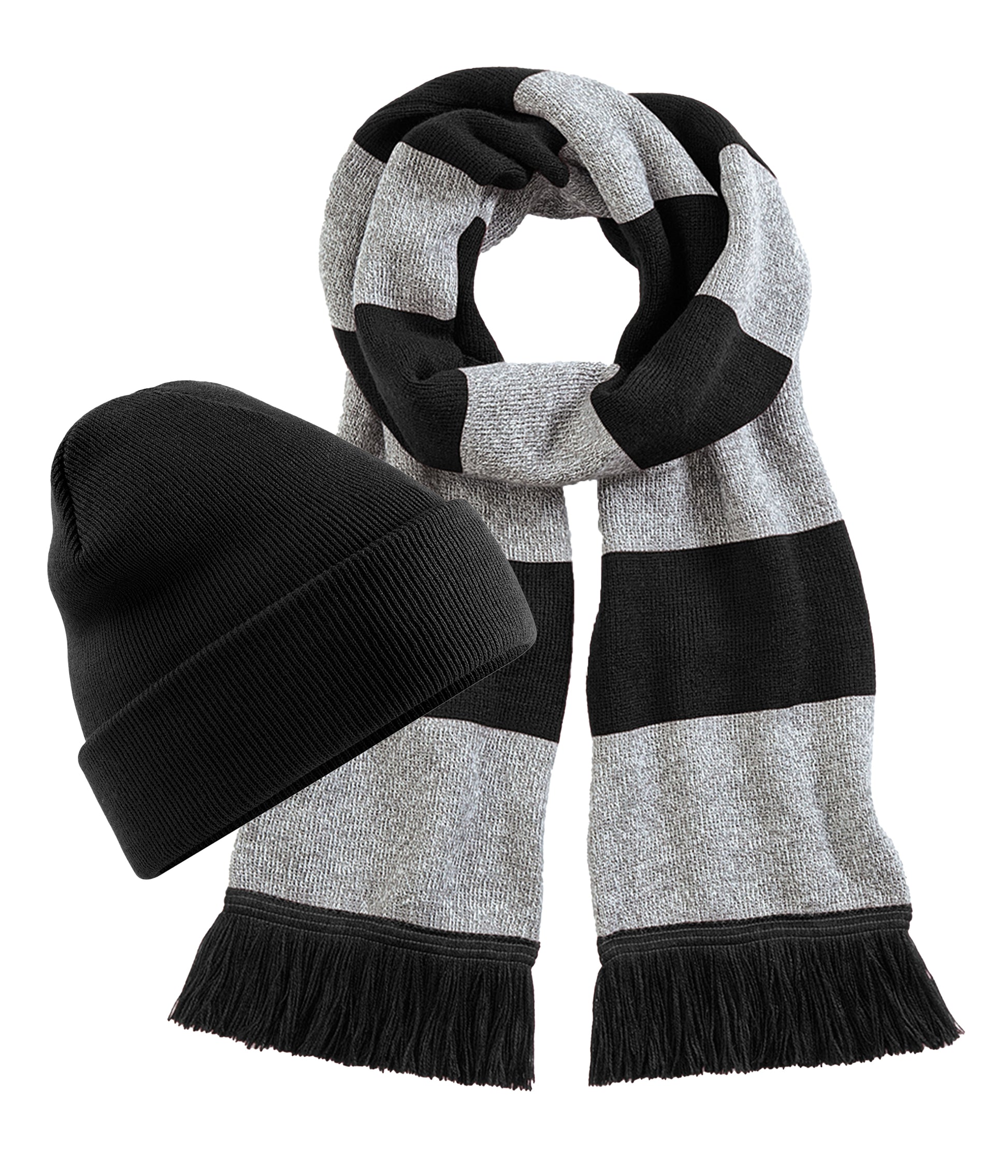 Beechfield B45 Original Cuffed Double-layer knit Beanie+B479 Stadium Tassel trim scarf 100% Soft-touch acrylic (Pack of 2) - COOZO