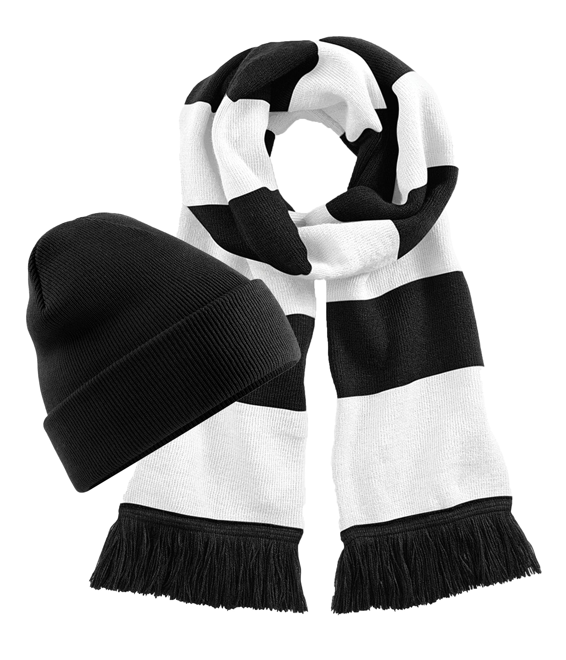 Beechfield B45 Original Cuffed Double-layer knit Beanie+B479 Stadium Tassel trim scarf 100% Soft-touch acrylic (Pack of 2) - COOZO