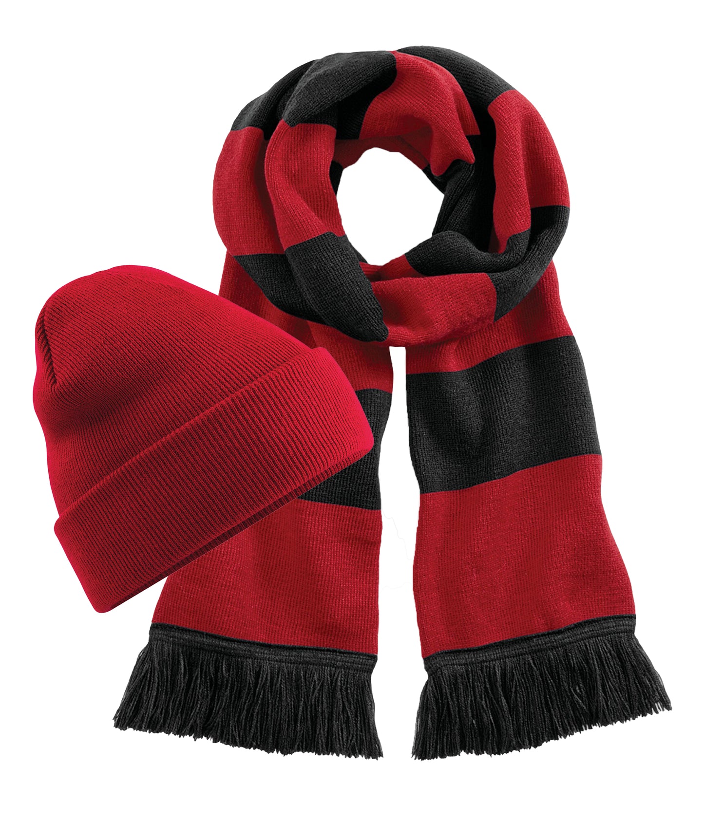 Beechfield B45 Original Cuffed Double-layer knit Beanie+B479 Stadium Tassel trim scarf 100% Soft-touch acrylic (Pack of 2) - COOZO