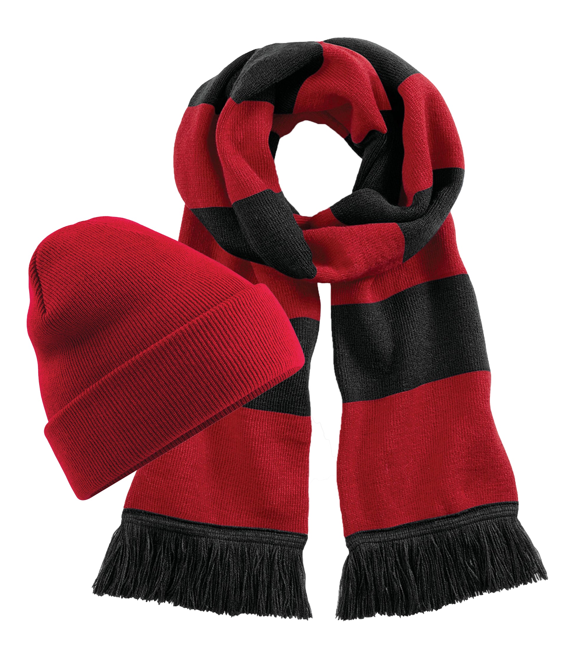 Beechfield B45 Original Cuffed Double-layer knit Beanie+B479 Stadium Tassel trim scarf 100% Soft-touch acrylic (Pack of 2) - COOZO