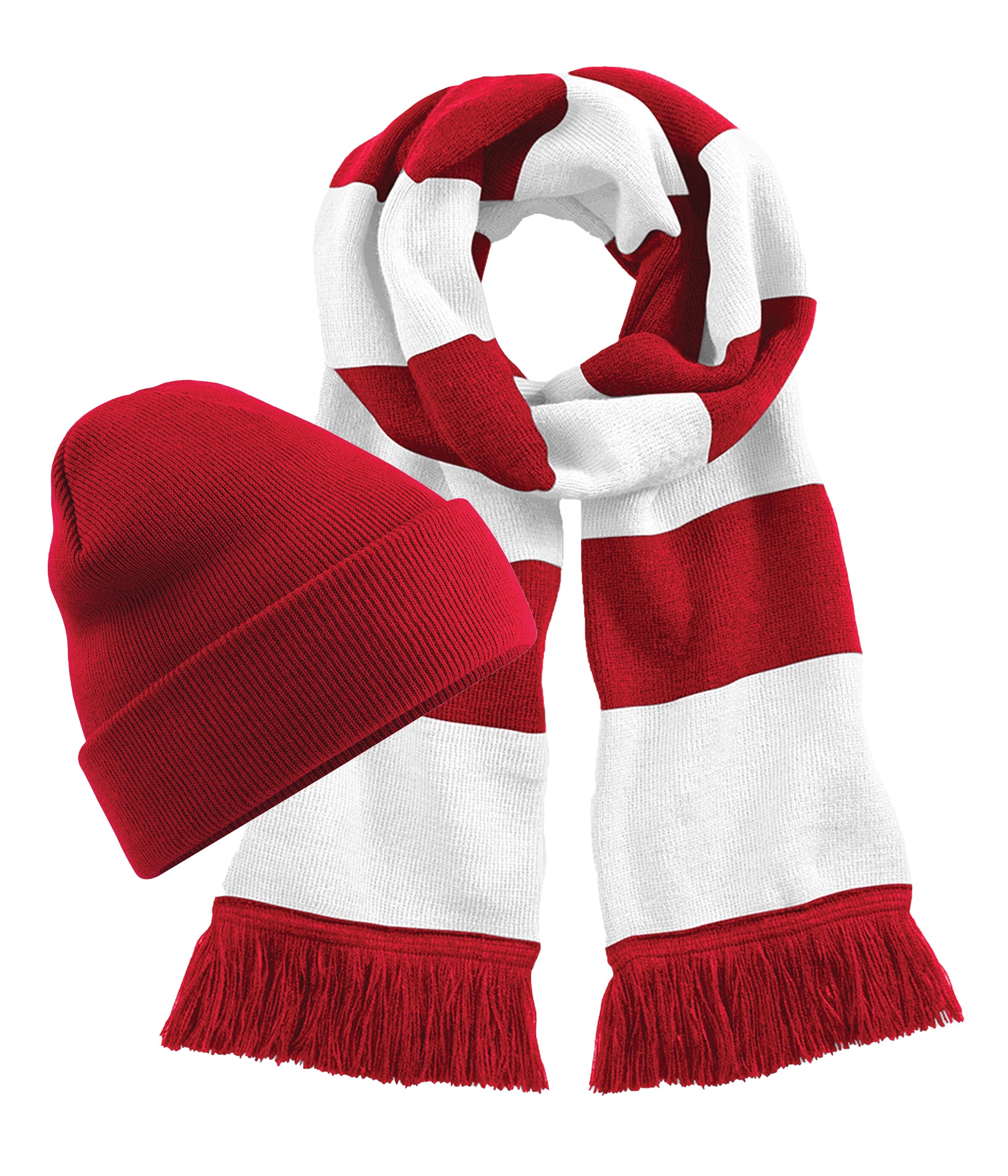 Beechfield B45 Original Cuffed Double-layer knit Beanie+B479 Stadium Tassel trim scarf 100% Soft-touch acrylic (Pack of 2) - COOZO