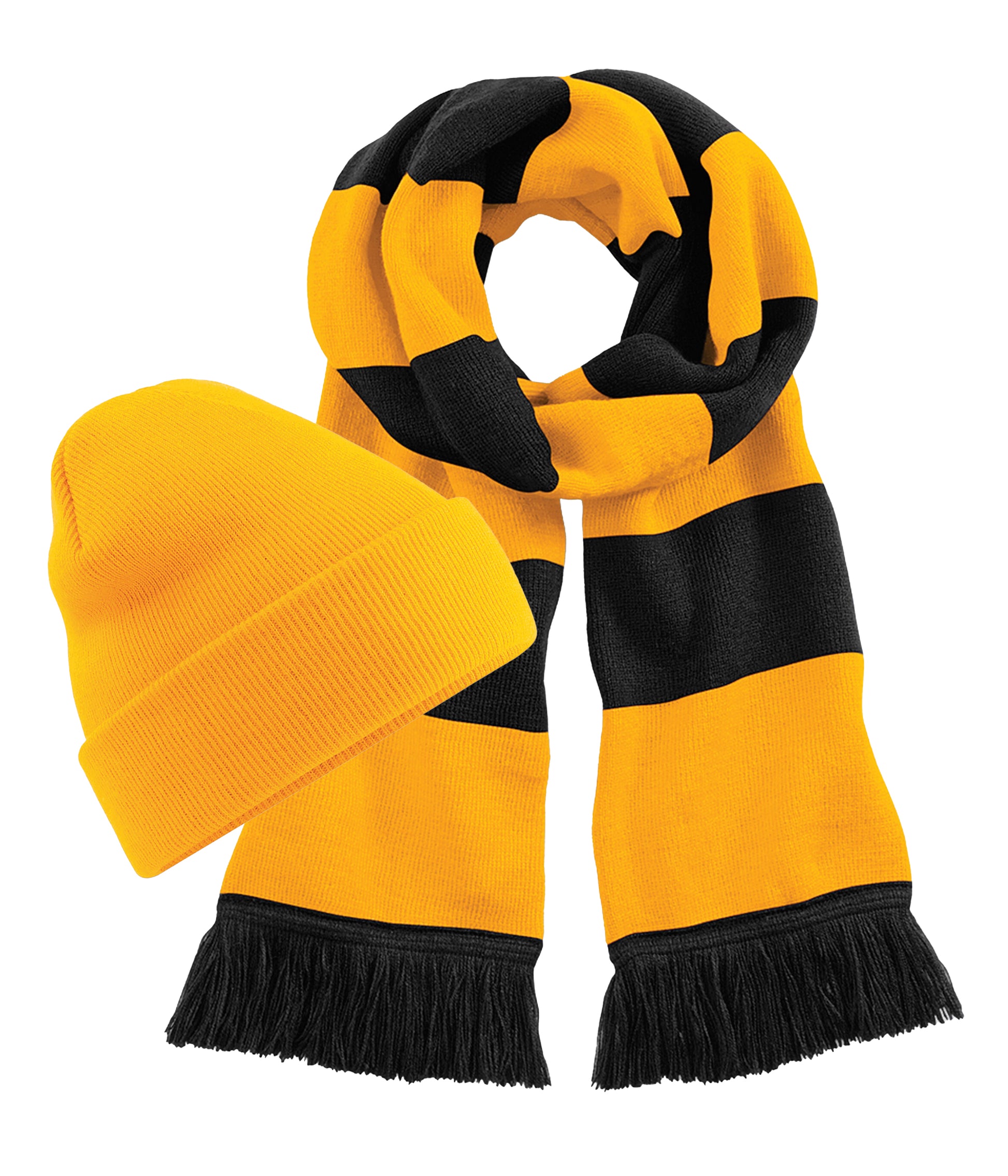Beechfield B45 Original Cuffed Double-layer knit Beanie+B479 Stadium Tassel trim scarf 100% Soft-touch acrylic (Pack of 2) - COOZO