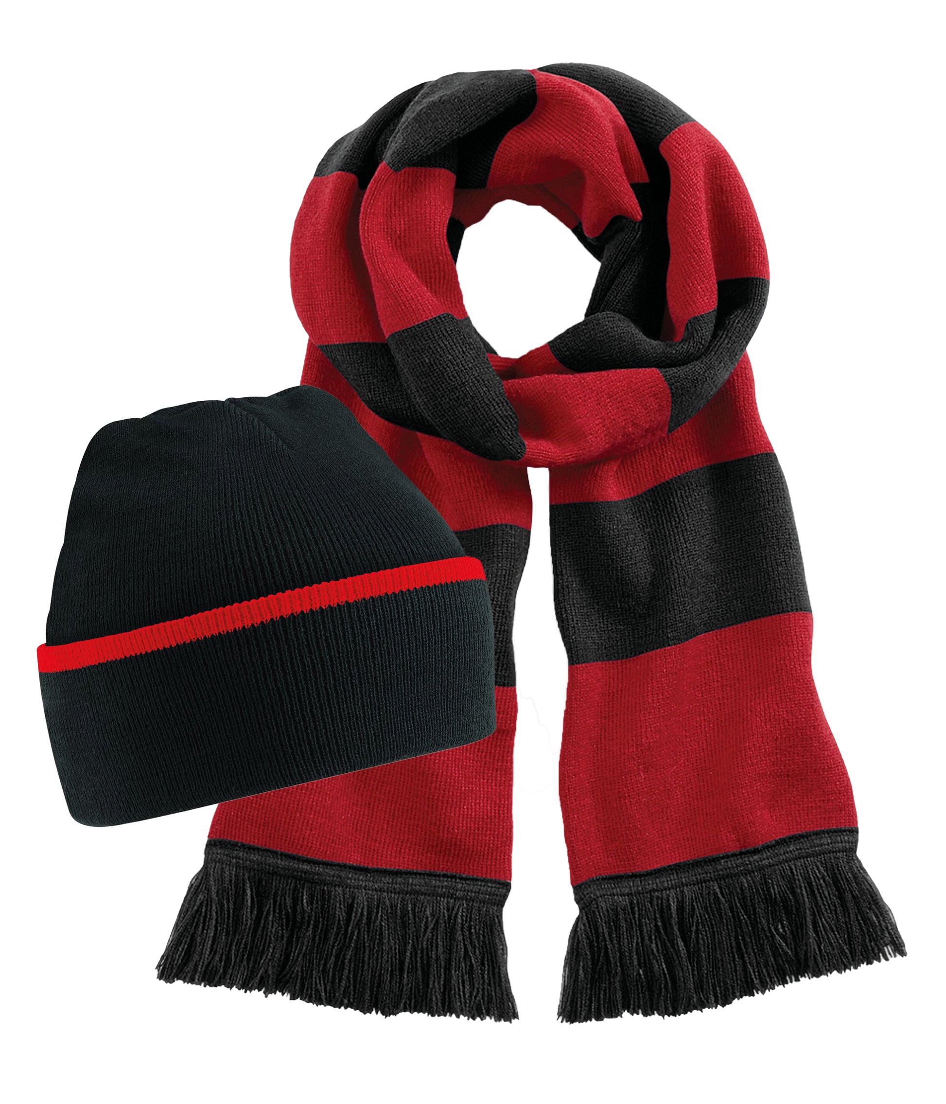 Beechfield B471 Double-layer knit Teamwear Beanie 100%+B479 Tassel trim Stadium scarf (Pack of 2) - COOZO