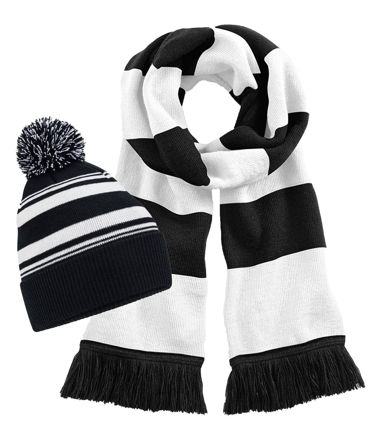Beechfield B473R Striped Fan Beanie+B479 Stadium Scarf 100% Soft touch Acrylic (Pack of 2) - COOZO