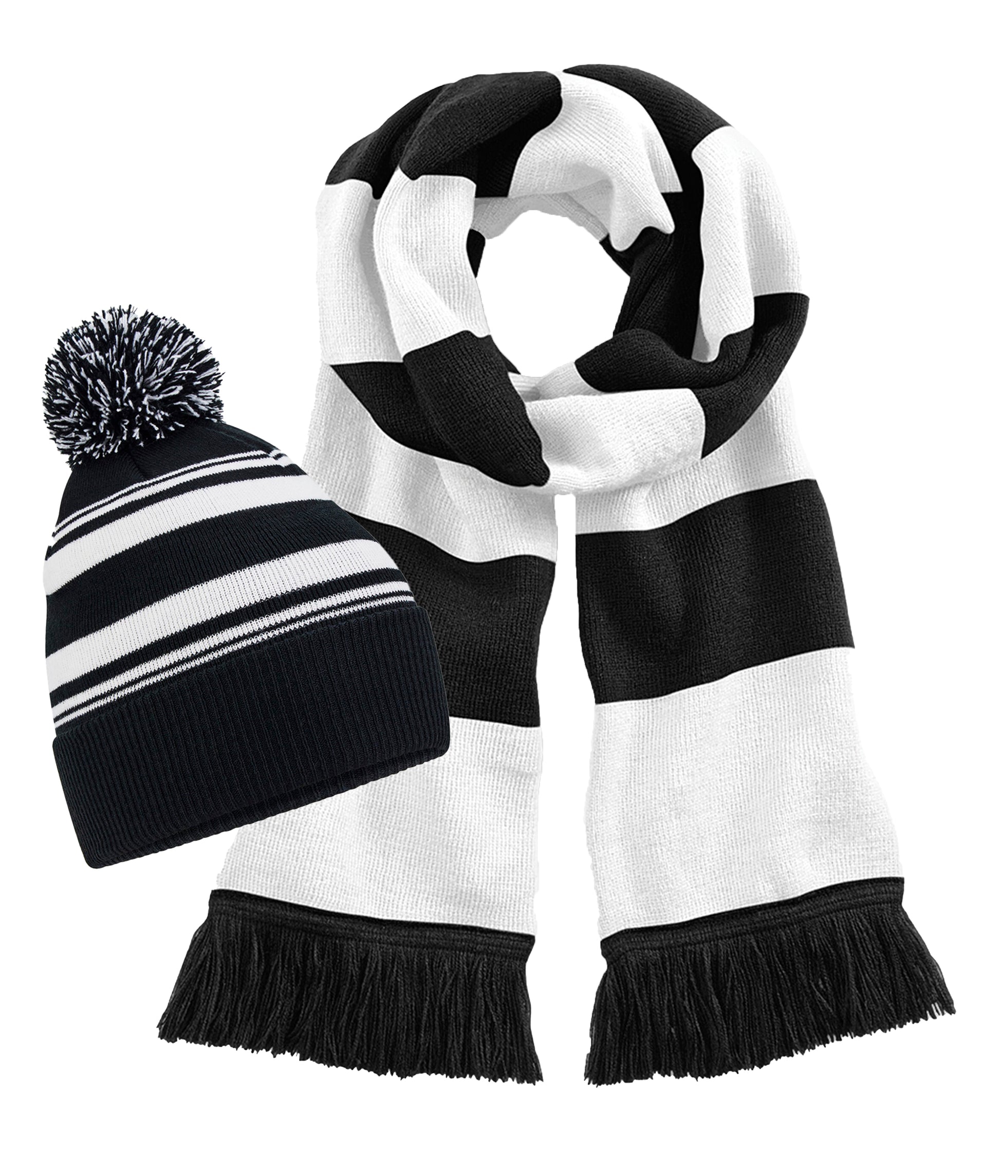 Beechfield B473R Striped Fan Beanie+B479 Stadium Scarf 100% Soft touch Acrylic (Pack of 2) - COOZO