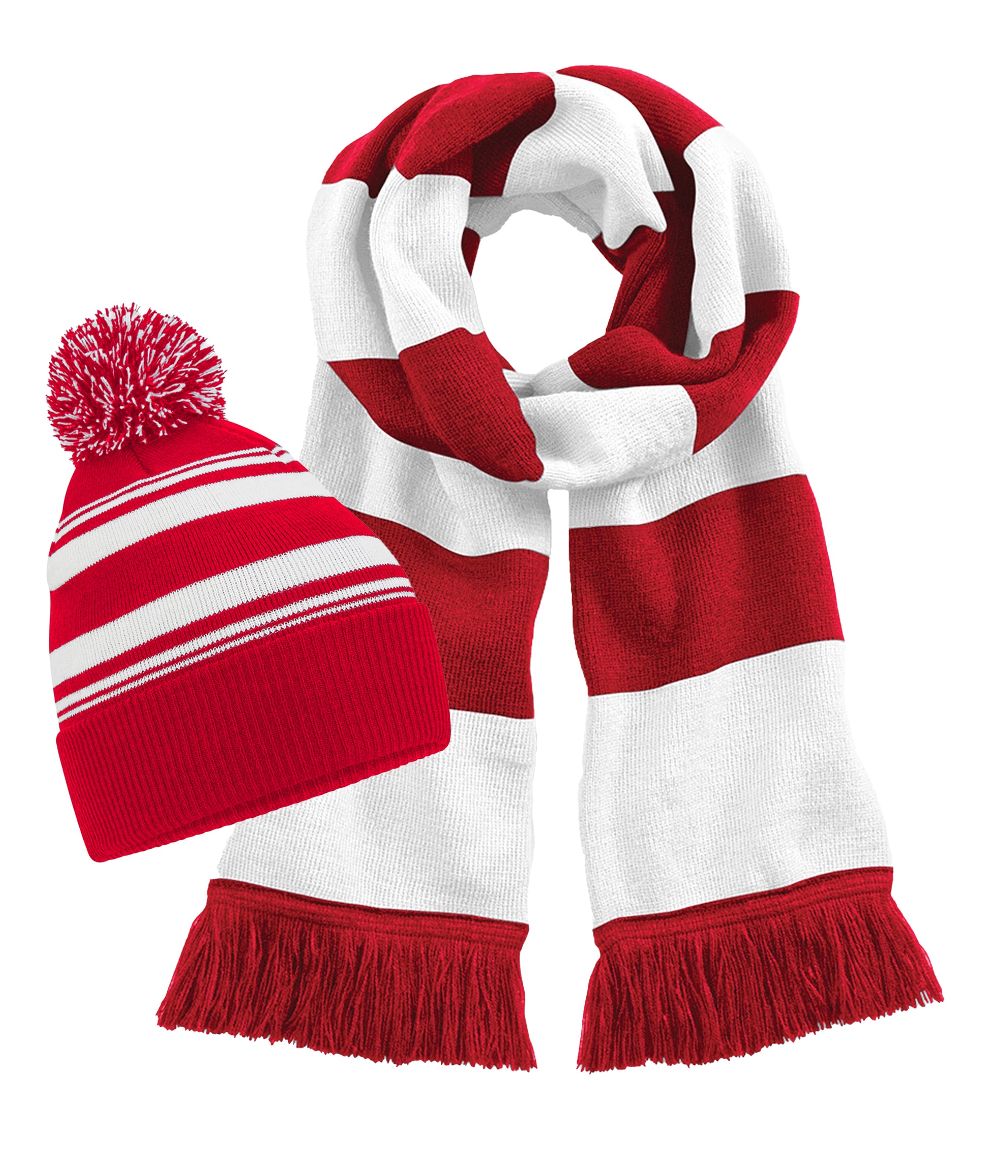 Beechfield B473R Striped Fan Beanie+B479 Stadium Scarf 100% Soft touch Acrylic (Pack of 2) - COOZO