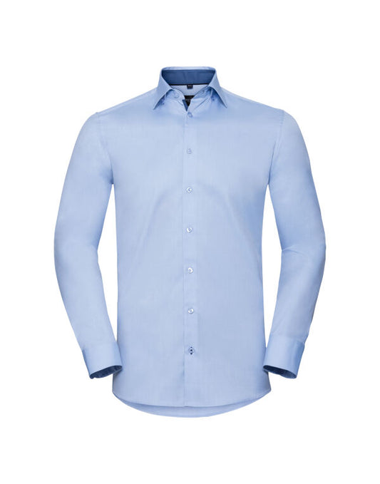 Russell Collection R964MC Men's Long Sleeve Tailored Contrast Herringbone Shirt - COOZO