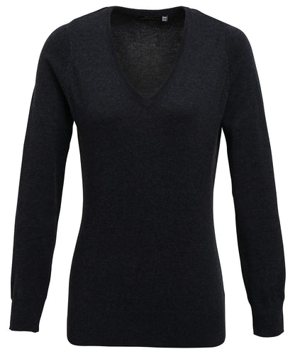 Premier PR696 Ladies Knitted Cotton Acrylic V Neck Sweater - COOZO
