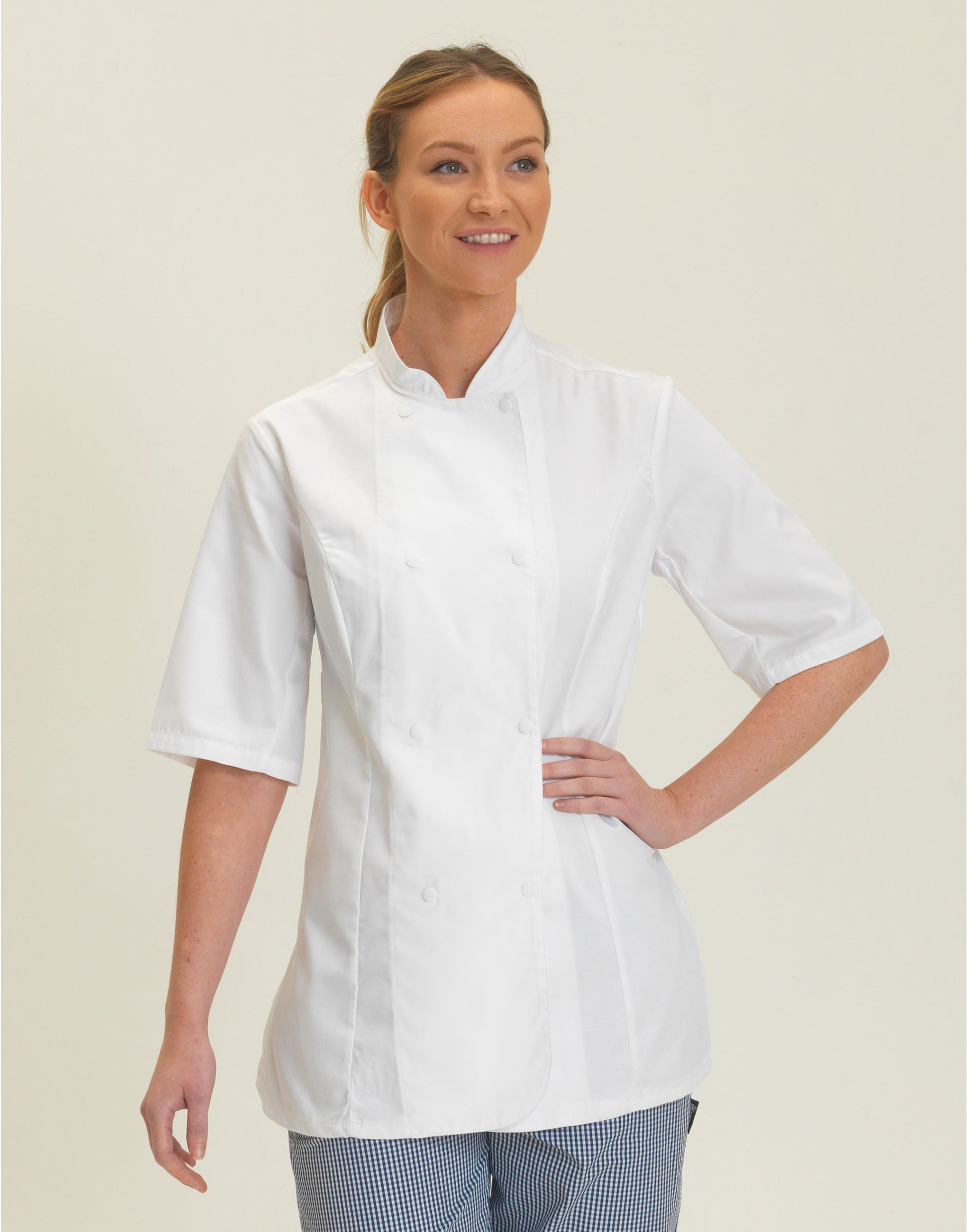 Dennys DD33S Ladies' Short Sleeve Fitted Chef's Jacket - COOZO